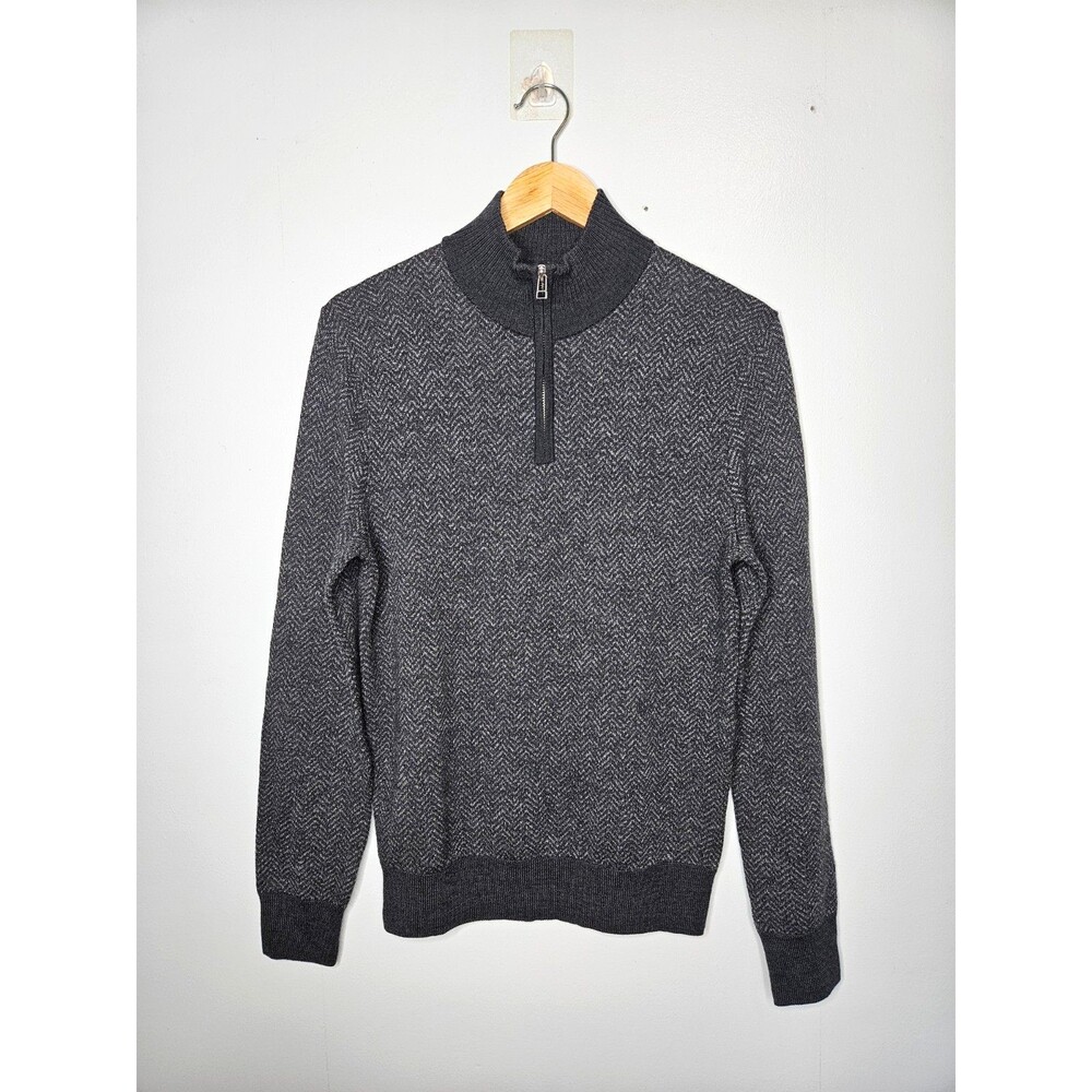 BONOBOS Herringbone Quarter Zip Sweater Extra Fine Merino Wool Gray XS Slim Fit
